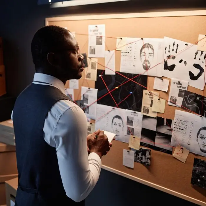 African American detective looking at evidence board in office