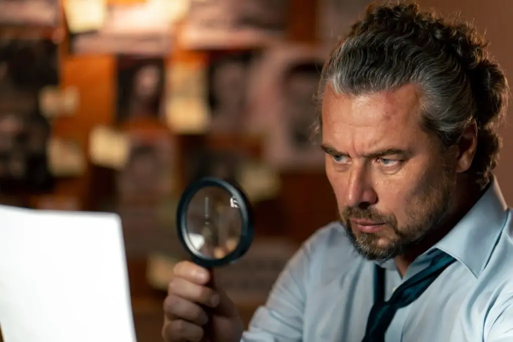 close up in the detective's office middle-aged investigator in a shirt and tie examines with a
