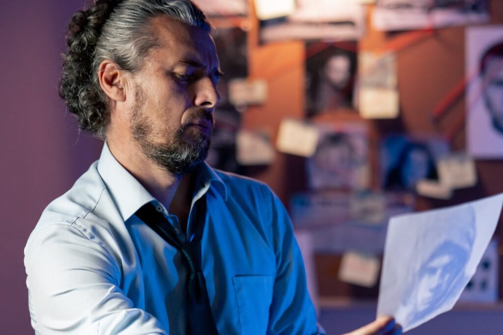 close up in the detective's office middle-aged investigator in a shirt and tie examines with a