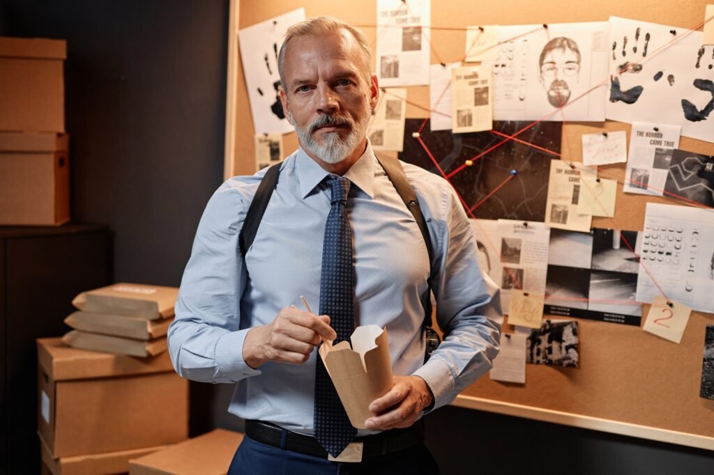 Mature detective eating takeout noodles in office and looking at camera